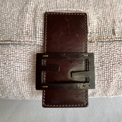 Fendi Baguette Vintage White Glitter Beads Brown Leather