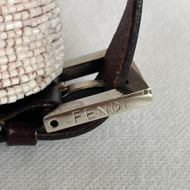 Fendi Baguette Vintage White Glitter Beads Brown Leather