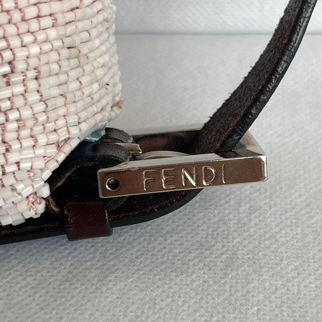 Fendi Baguette Vintage White Glitter Beads Brown Leather