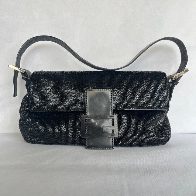 Fendi Baguette Vintage Black Glitter Beads Shoulder Bag