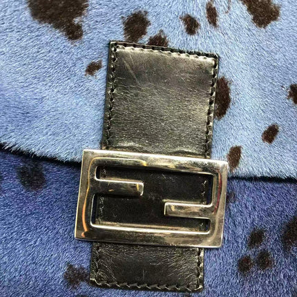 Fendi Mamma Baguette Blue Leopard Print Ponyhair Leather Shoulder Bag