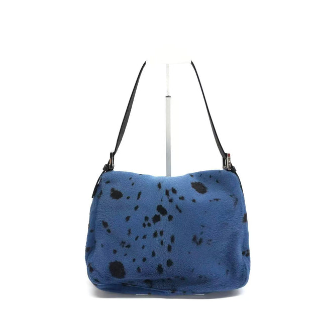 Fendi Mamma Baguette Blue Leopard Print Ponyhair Leather Shoulder Bag
