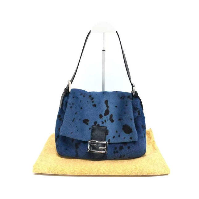 Fendi Mamma Baguette Blue Leopard Print Ponyhair Leather Shoulder Bag-Luxbags