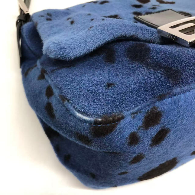 Fendi Mamma Baguette Blue Leopard Print Ponyhair Leather Shoulder Bag