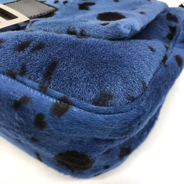 Fendi Mamma Baguette Blue Leopard Print Ponyhair Leather Shoulder Bag