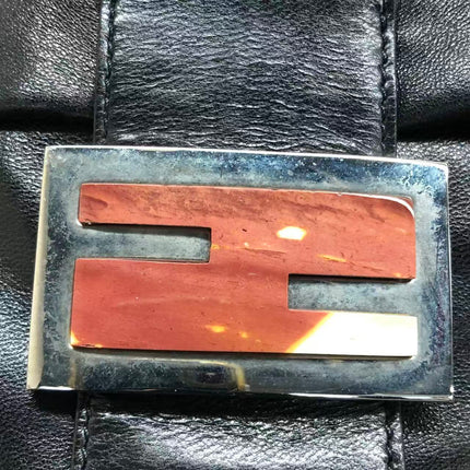 Fendi Baguette Black Lambskin Leather Red Enamel Buckle Shoulder Bag-Luxbags