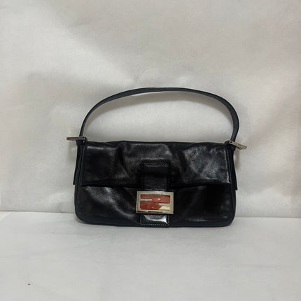Fendi Baguette Black Lambskin Leather Red Enamel Buckle Shoulder Bag