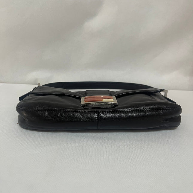 Fendi Baguette Black Lambskin Leather Red Enamel Buckle Shoulder Bag