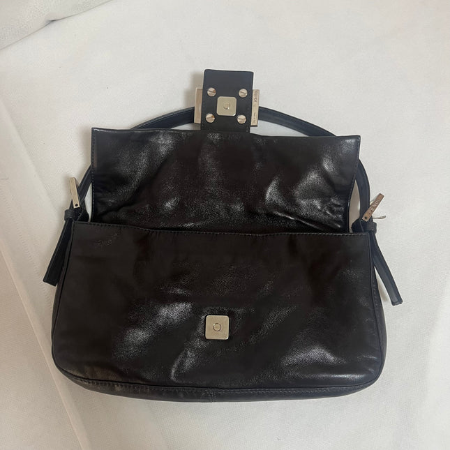 Fendi Baguette Black Lambskin Leather Red Enamel Buckle Shoulder Bag