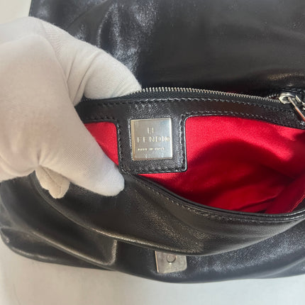 Fendi Baguette Black Lambskin Leather Red Enamel Buckle Shoulder Bag