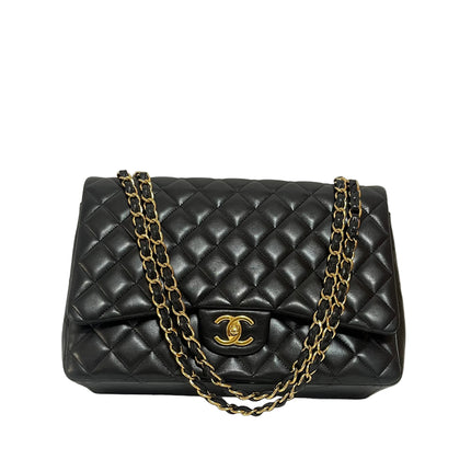 Chanel Classic Flap Maxi 2012 Black Lambskin Leather Double Flap with Gold Hardware
