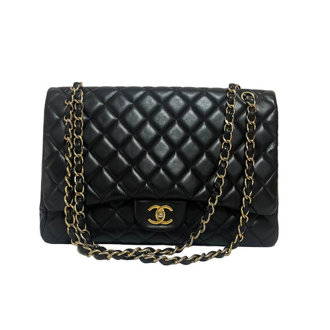Chanel Classic Flap Maxi 2009 Black Lambskin Leather Single Flap with Gold Hardware-Luxbags