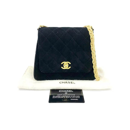 Chanel Mini Vintage Black Suede Leather Gold Chain Crossbody Bag