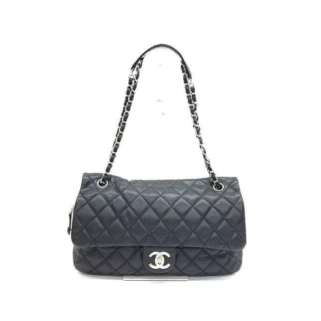 Chanel Easy Flap Jumbo Black Caviar Leather Silver Hardware Shoulder Bag-Luxbags
