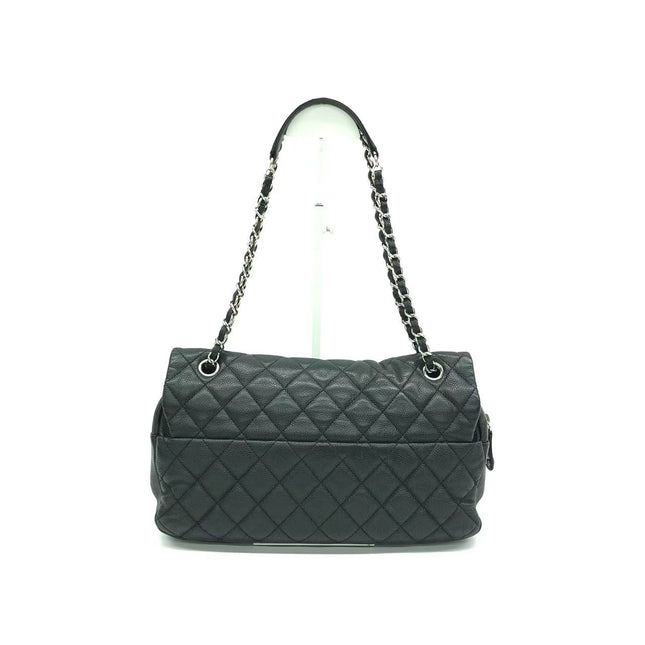 Chanel Easy Flap Jumbo Black Caviar Leather Silver Hardware Shoulder Bag
