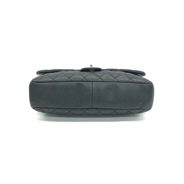 Chanel Easy Flap Jumbo Black Caviar Leather Silver Hardware Shoulder Bag