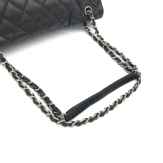 Chanel Easy Flap Jumbo Black Caviar Leather Silver Hardware Shoulder Bag