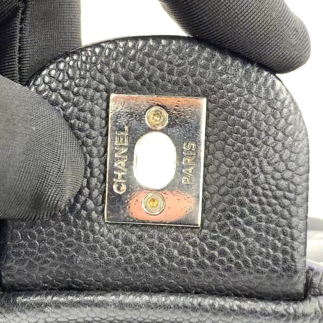 Chanel Easy Flap Jumbo Black Caviar Leather Silver Hardware Shoulder Bag