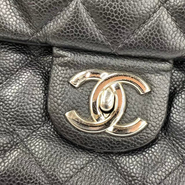Chanel Easy Flap Jumbo Black Caviar Leather Silver Hardware Shoulder Bag
