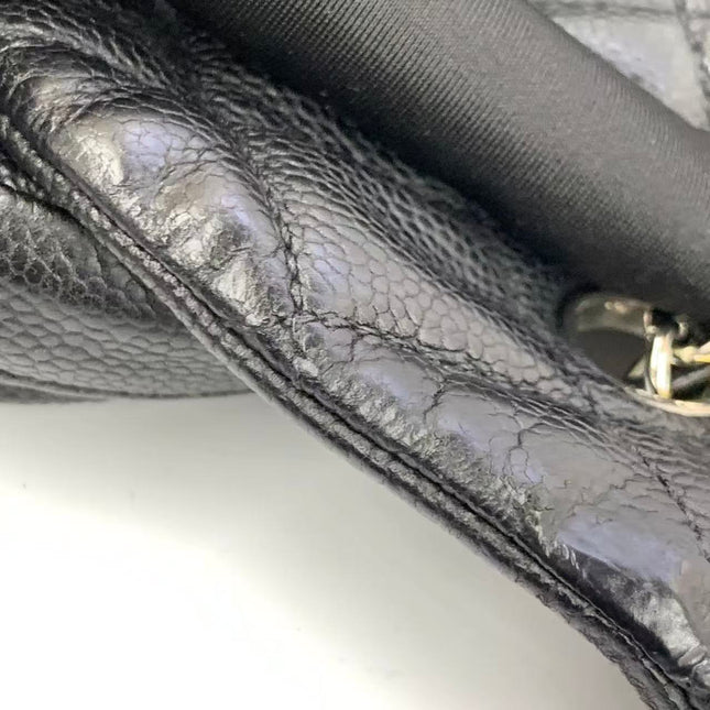 Chanel Easy Flap Jumbo Black Caviar Leather Silver Hardware Shoulder Bag