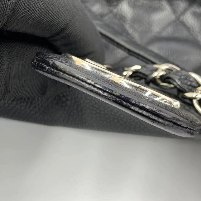 Chanel Easy Flap Jumbo Black Caviar Leather Silver Hardware Shoulder Bag