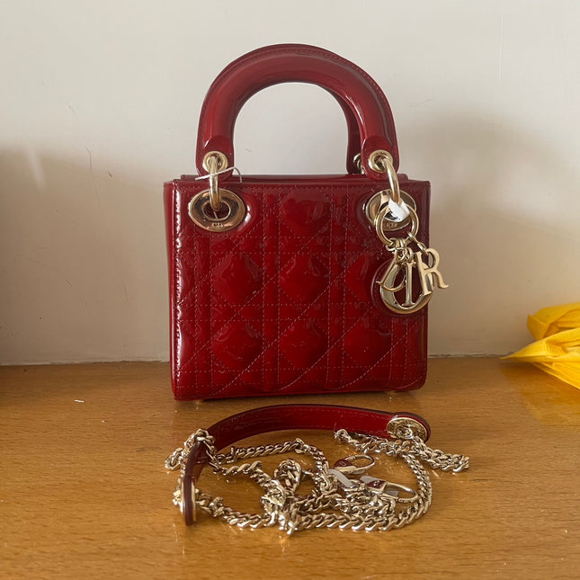 Lady Dior Mini Handbag 2019 Burgundy Red Patent Leather Gold-tone Chain Strap-Luxbags