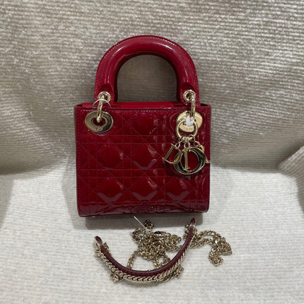 Lady Dior Mini Handbag 2019 Burgundy Red Patent Leather Gold-tone Chain Strap