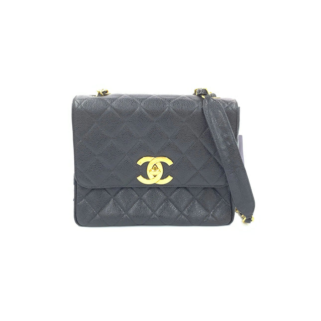 Chanel Vintage Flap Bag Medium Black Caviar Leather Mega CC 24k Gold Hardware-Luxbags