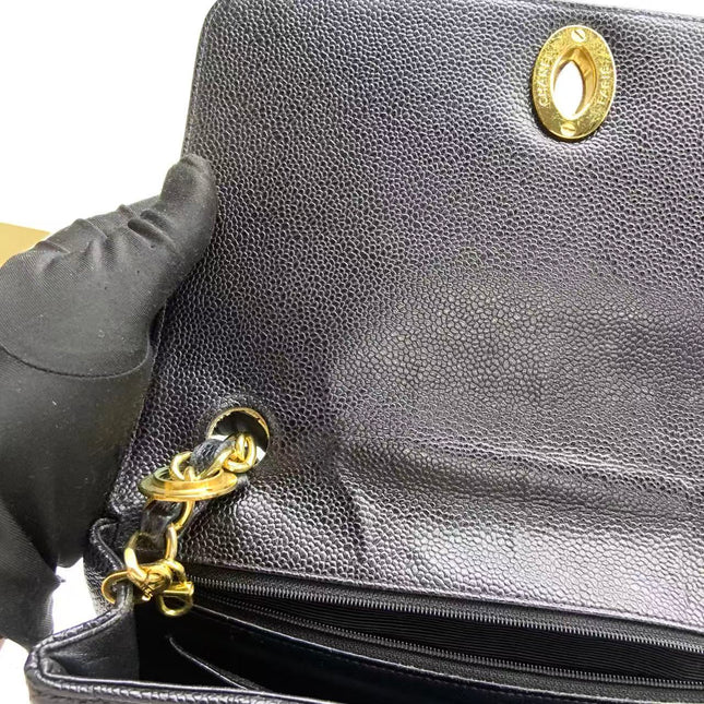 Chanel Vintage Flap Bag Medium Black Caviar Leather Mega CC 24k Gold Hardware