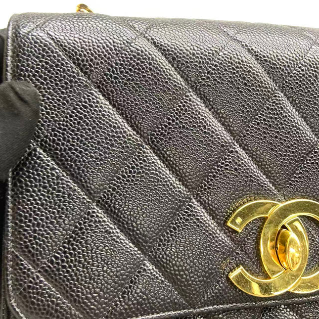Chanel Vintage Flap Bag Medium Black Caviar Leather Mega CC 24k Gold Hardware