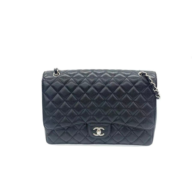 Chanel Classic Flap Maxi Black Caviar Leather Single Flap with Silver Hardware-Luxbags