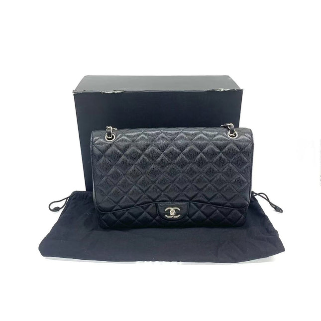 Chanel Classic Flap Maxi Black Caviar Leather Single Flap with Silver Hardware