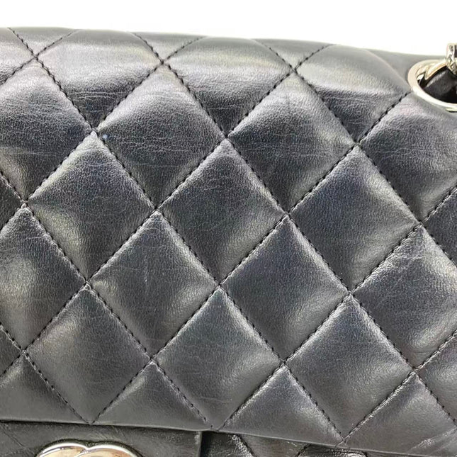 Chanel Timeless Classic Flap Medium 2008 Black Lambskin Leather Silver Hardware
