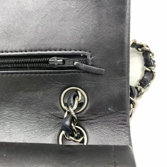 Chanel Timeless Classic Flap Medium 2008 Black Lambskin Leather Silver Hardware