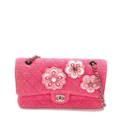 Chanel Medium Pink Tweed Crystal and Silicone Sakura Flower Flap Bag Silver Hardware 2016-17