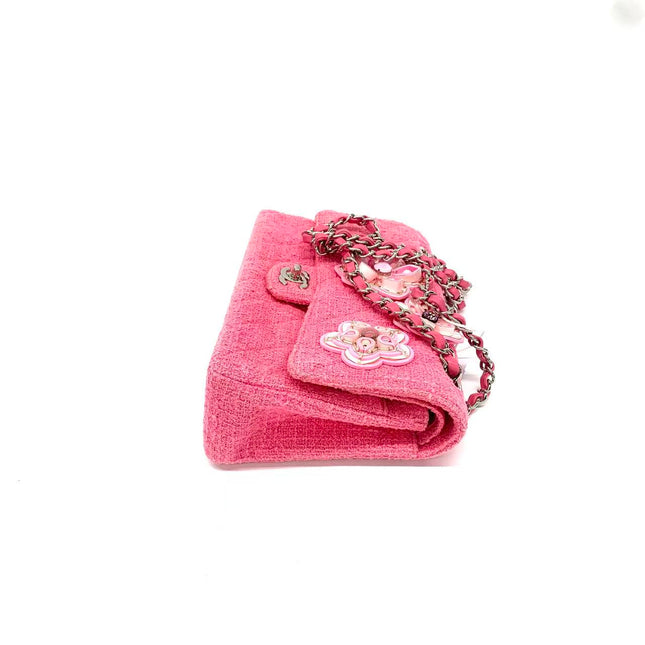 Chanel Medium Pink Tweed Crystal and Silicone Sakura Flower Flap Bag Silver Hardware 2016-17