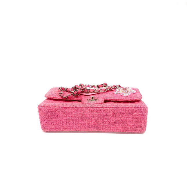Chanel Medium Pink Tweed Crystal and Silicone Sakura Flower Flap Bag Silver Hardware 2016-17