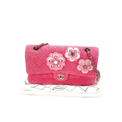 Chanel Medium Pink Tweed Crystal and Silicone Sakura Flower Flap Bag Silver Hardware 2016-17