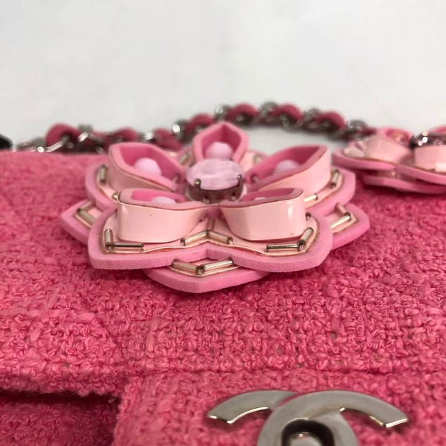 Chanel Medium Pink Tweed Crystal and Silicone Sakura Flower Flap Bag Silver Hardware 2016-17