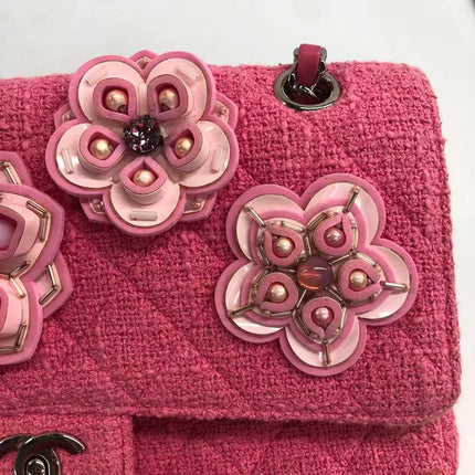 Chanel Medium Pink Tweed Crystal and Silicone Sakura Flower Flap Bag Silver Hardware 2016-17
