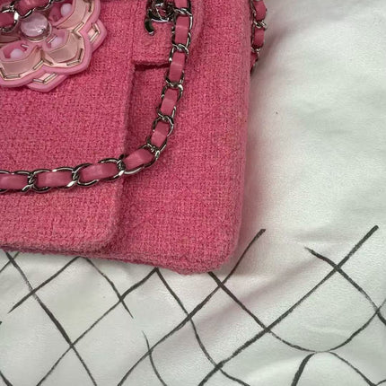 Chanel Medium Pink Tweed Crystal and Silicone Sakura Flower Flap Bag Silver Hardware 2016-17