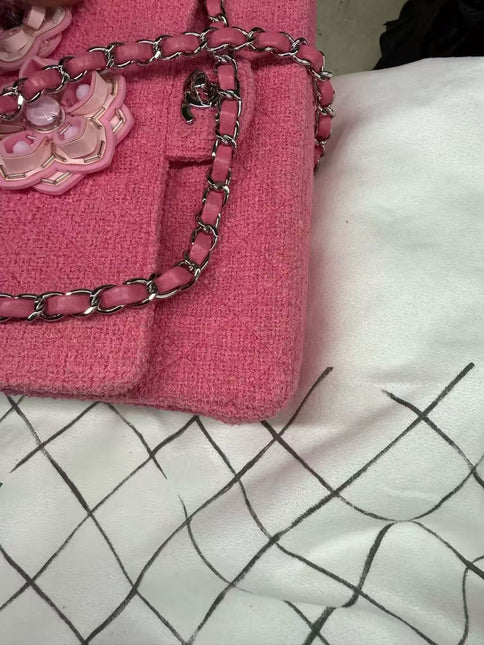 Chanel Medium Pink Tweed Crystal and Silicone Sakura Flower Flap Bag Silver Hardware 2016-17