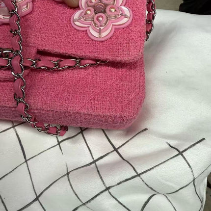 Chanel Medium Pink Tweed Crystal and Silicone Sakura Flower Flap Bag Silver Hardware 2016-17