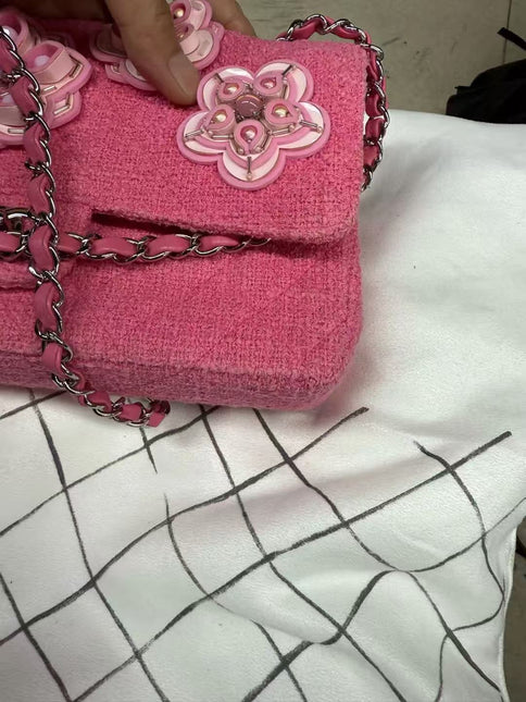 Chanel Medium Pink Tweed Crystal and Silicone Sakura Flower Flap Bag Silver Hardware 2016-17