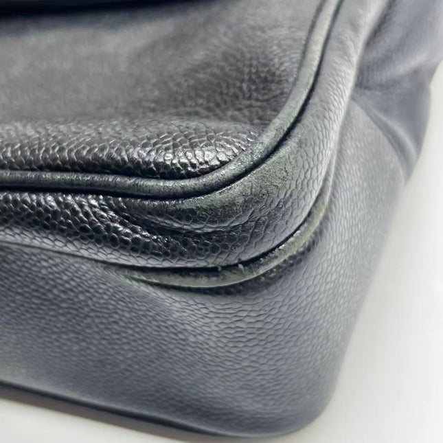 Chanel Large Vintage Front Pocket Tote Black Quilted Caviar Leather Double Gold Leather Chain