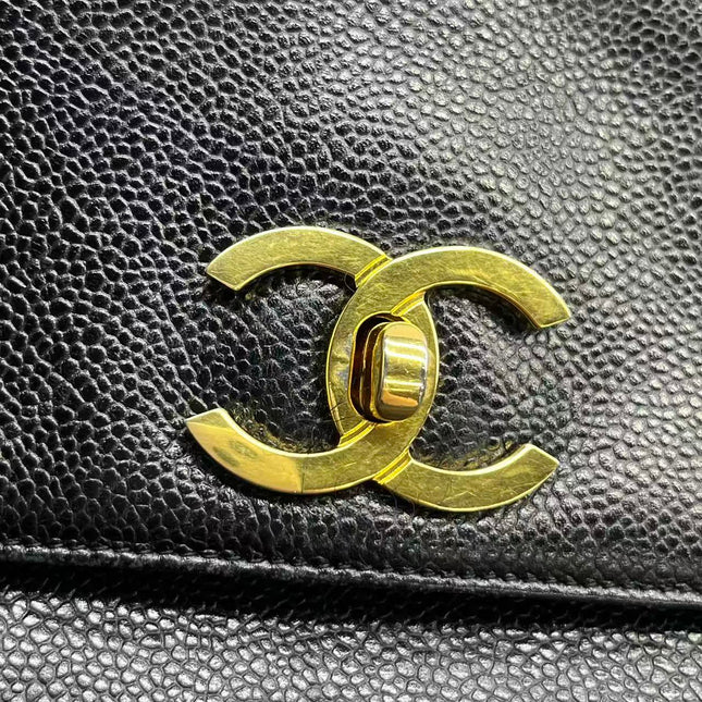 Chanel Large Vintage Front Pocket Tote Black Quilted Caviar Leather Double Gold Leather Chain