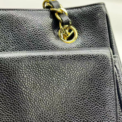 Chanel Large Vintage Front Pocket Tote Black Quilted Caviar Leather Double Gold Leather Chain