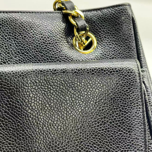 Chanel Large Vintage Front Pocket Tote Black Quilted Caviar Leather Double Gold Leather Chain