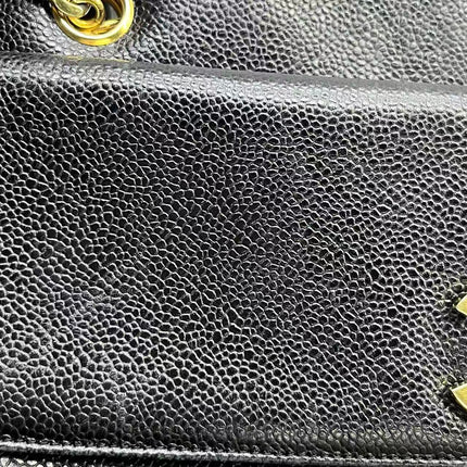 Chanel Large Vintage Front Pocket Tote Black Quilted Caviar Leather Double Gold Leather Chain
