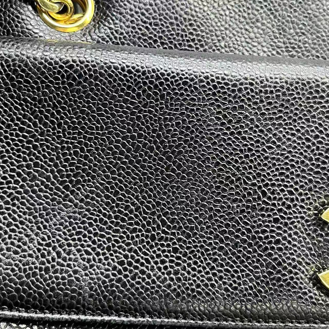 Chanel Large Vintage Front Pocket Tote Black Quilted Caviar Leather Double Gold Leather Chain